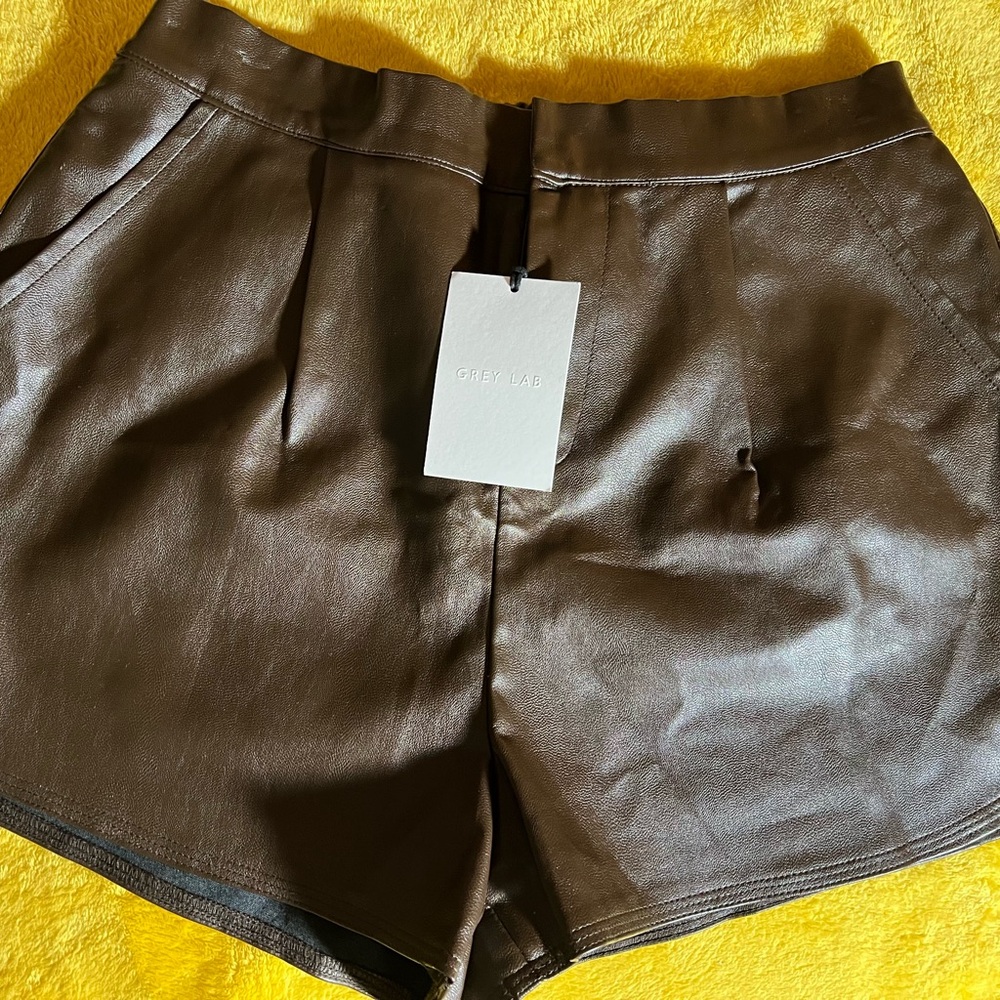 GREY LAB Chocolate Brown High-Waist Faux Leather Shorts